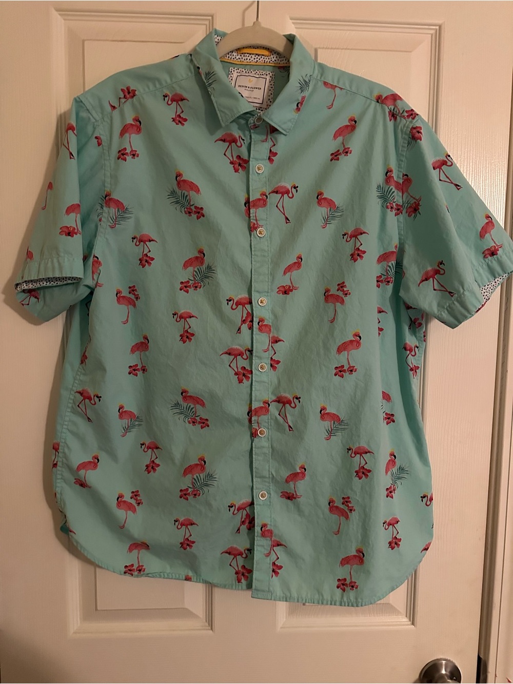 Pink Flamingo Print Aqua color Short-Sleeve Shirt Size XL
